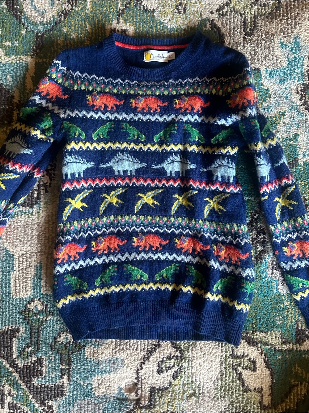 Mini Boden Navy Crewneck Sweater with Colorful Dinosaur Fair Isle